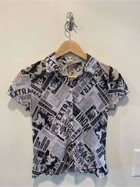 No boundaries Womens Y2K mesh newspaper print shirt size small sheer grunge